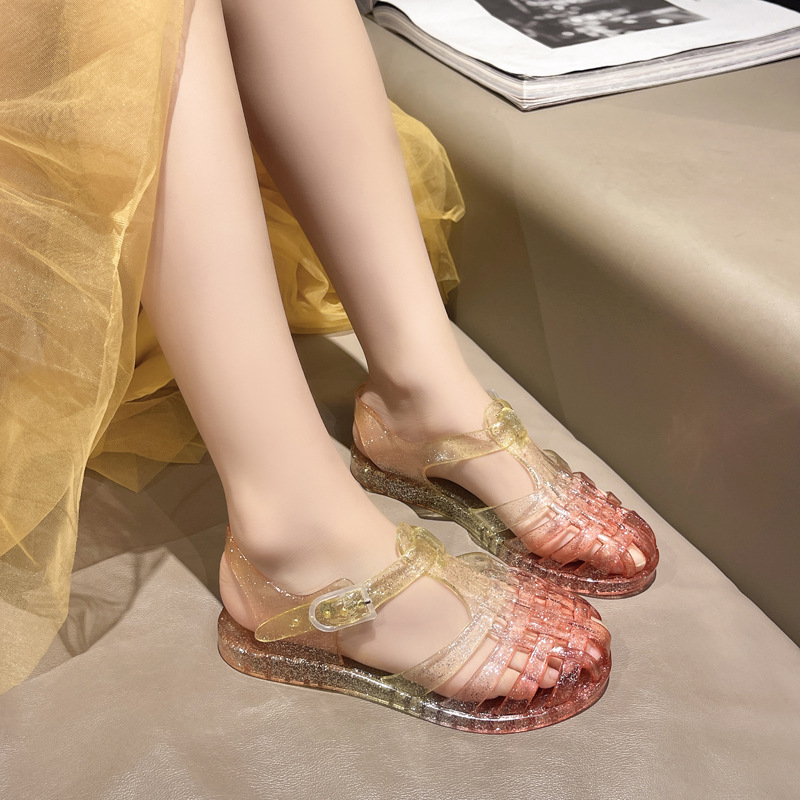 European and American Cross-border New Children's Shoes Women's Children's Cave Shoes Baotou Jelly Baby's Roman Shoes Simple Contrast Color Sandals