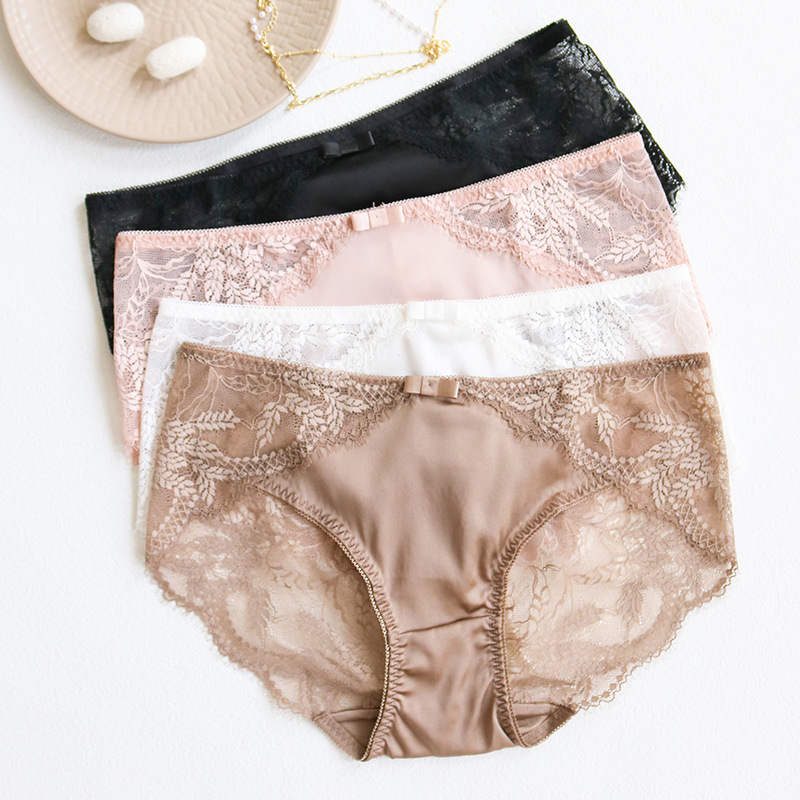 Tangge Silk Satin Panties Women's Mulberry Silk Lace Sexy Mid-Waist Briefs Shorts Breathable Skin-Friendly