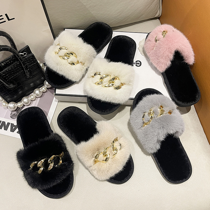 Foreign trade autumn and winter new metal chain Mao Mao slippers women's fashion warm big fur flat heel slippers cross-border