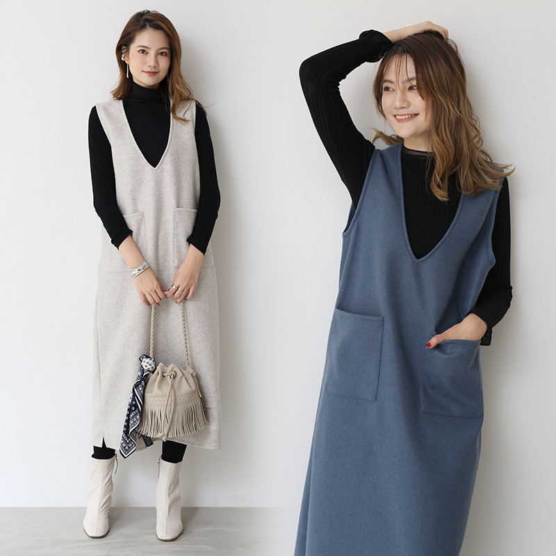 Winter Thin Japanese-style Korean-style Pullover Deep V-neck Elegant Commuting Loose Waist Mid-length Dress Solid Color Outer