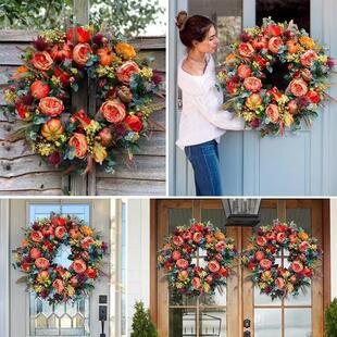 2023 Thanksgiving Peony Wreath Decoration Halloween Wreath Autumn Harvest Wreath Maple Leaf Pumpkin Rattan Door Hanging Cabinet
