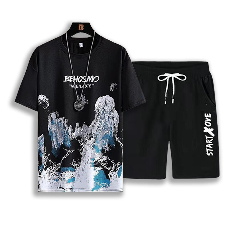 Summer Men's Fashion New Fashionable Brand Ice Silk Suit ins Casual Summer All-match Teenagers Men's Loose T-shirt