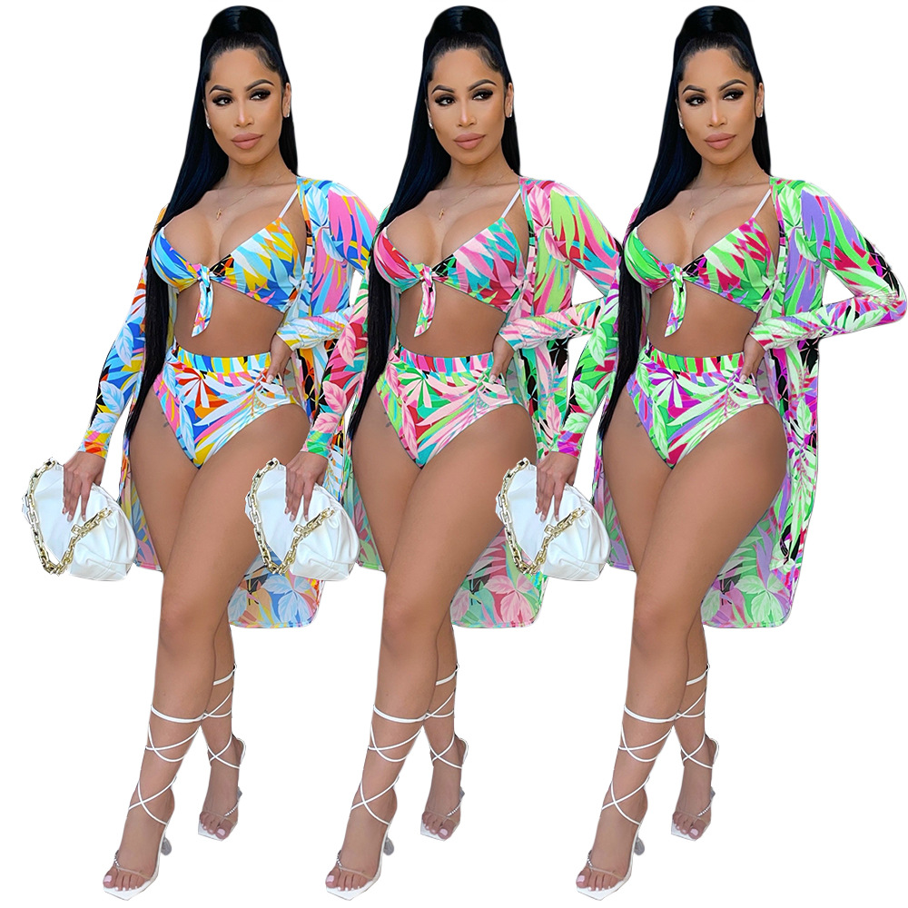 DY6991 Amazon European and American women's fashion sexy printed cloak bikini split swimsuit three-piece suit