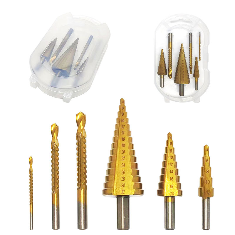 Cross-border Explosions Step Drill Set 6PCs Triangular Handle Straight Slot Drilling Reaming Slot Transparent Box Pagoda Serrated Drill