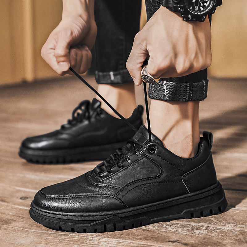 Autumn New Men's Shoes Korean Style Men's Casual Board Shoes Black PU Leather Shoes Fashionable Student Sports Shoes Lace-up Trendy Shoes