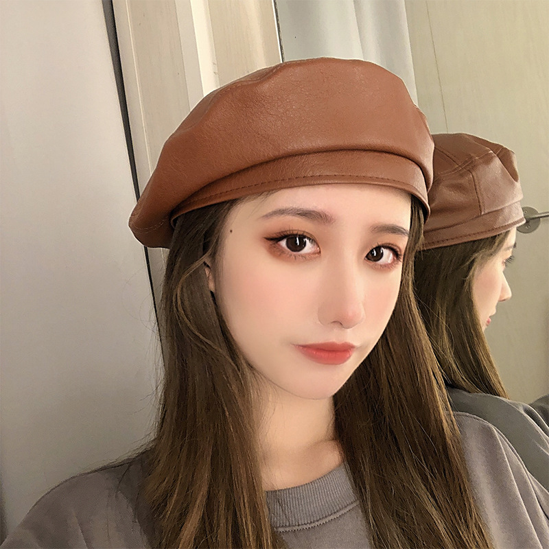 Hat Women's Korean Version Trendy Versatile Retro PU Leather Internet Celebrity Beret Octagonal Spring and Summer British Painter Hat