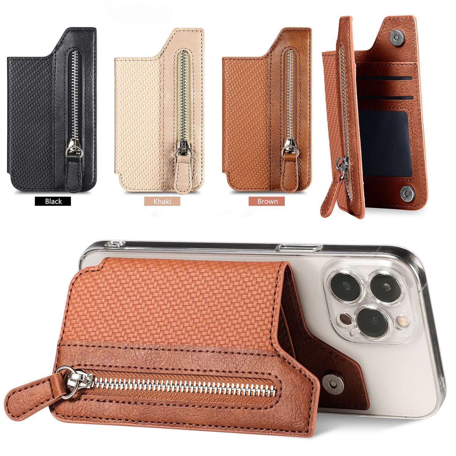 New mobile phone card bag card case wallet flip multi-card holder zipper expansion bag creative personality leather back sticker
