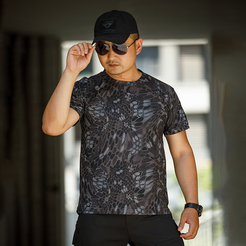 Outdoor T-shirt Men's Loose plus size Casual Short-sleeved Elastic Quick-drying Camouflage Training T-shirt Outdoor Short-sleeved Men's