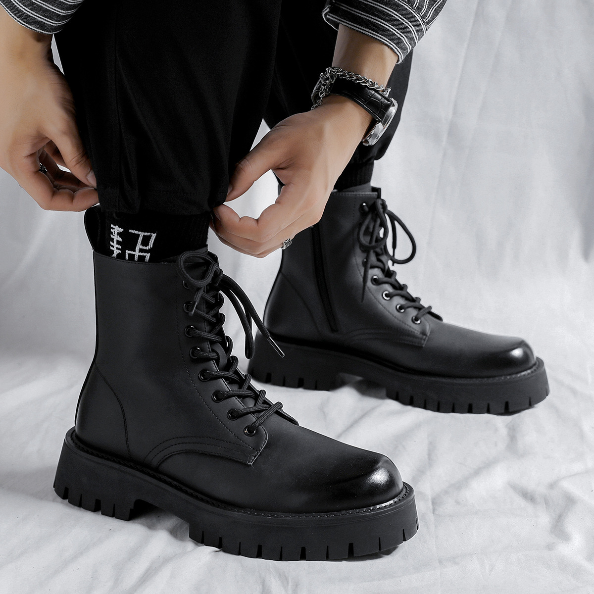 Genuine Leather Martin Boots Men's High-barreled British Style Thick-soled Men's Shoes Black Workwear Boots Trendy Men's Boots Men's Soft Leather Boots