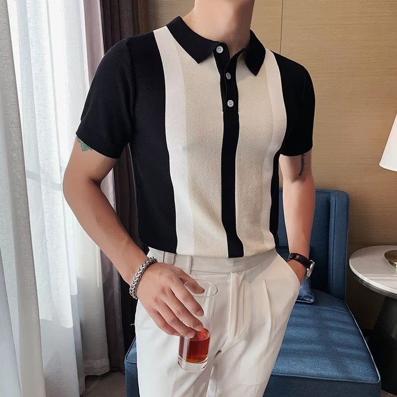 Summer striped short sleeve polo shirt men's Korean-style trendy casual half sleeve T-shirt Black