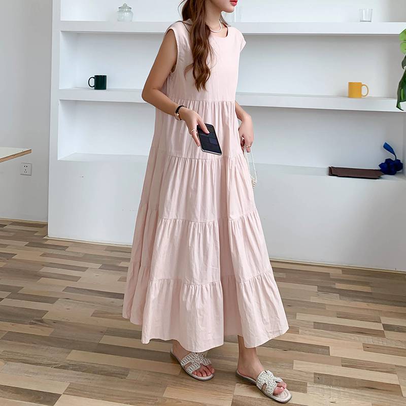 2024 Stitching Pullover Solid Color Long Dress Sleeveless Commuter Round Neck dress