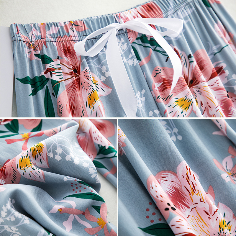 Women's cotton silk pajama pants summer thin cartoon printed loose wide-leg pants pregnant women can wear outside plus size home casual pants