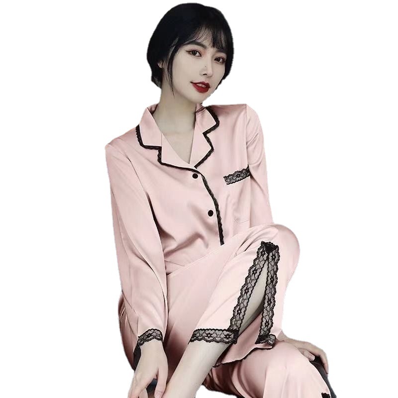 2024 New Spring Summer Autumn Ice Silk Pajamas Women's Long-sleeved Thin Loose Women's Internet Popular Home Suit Cross-border
