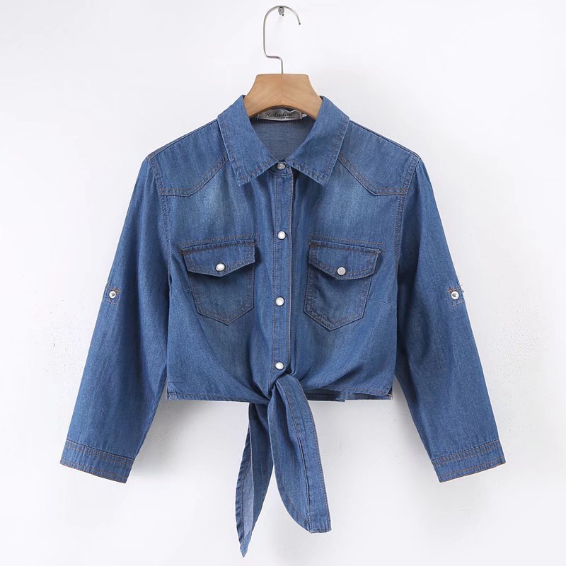 Lace-up knotted Denim shirt Women's Korean-style loose 2023 new spring and autumn thin Denim shawl in stock wholesale
