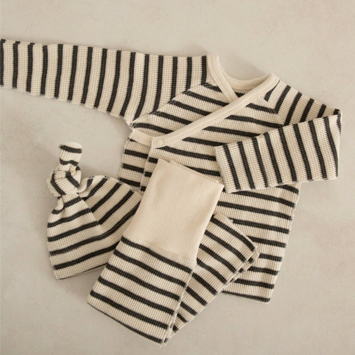 Newborn Clothes Class A Baby Autumn Clothes Little Baby Striped Waffles Monk Clothes High Waist Belly Protectors PP Pants suit