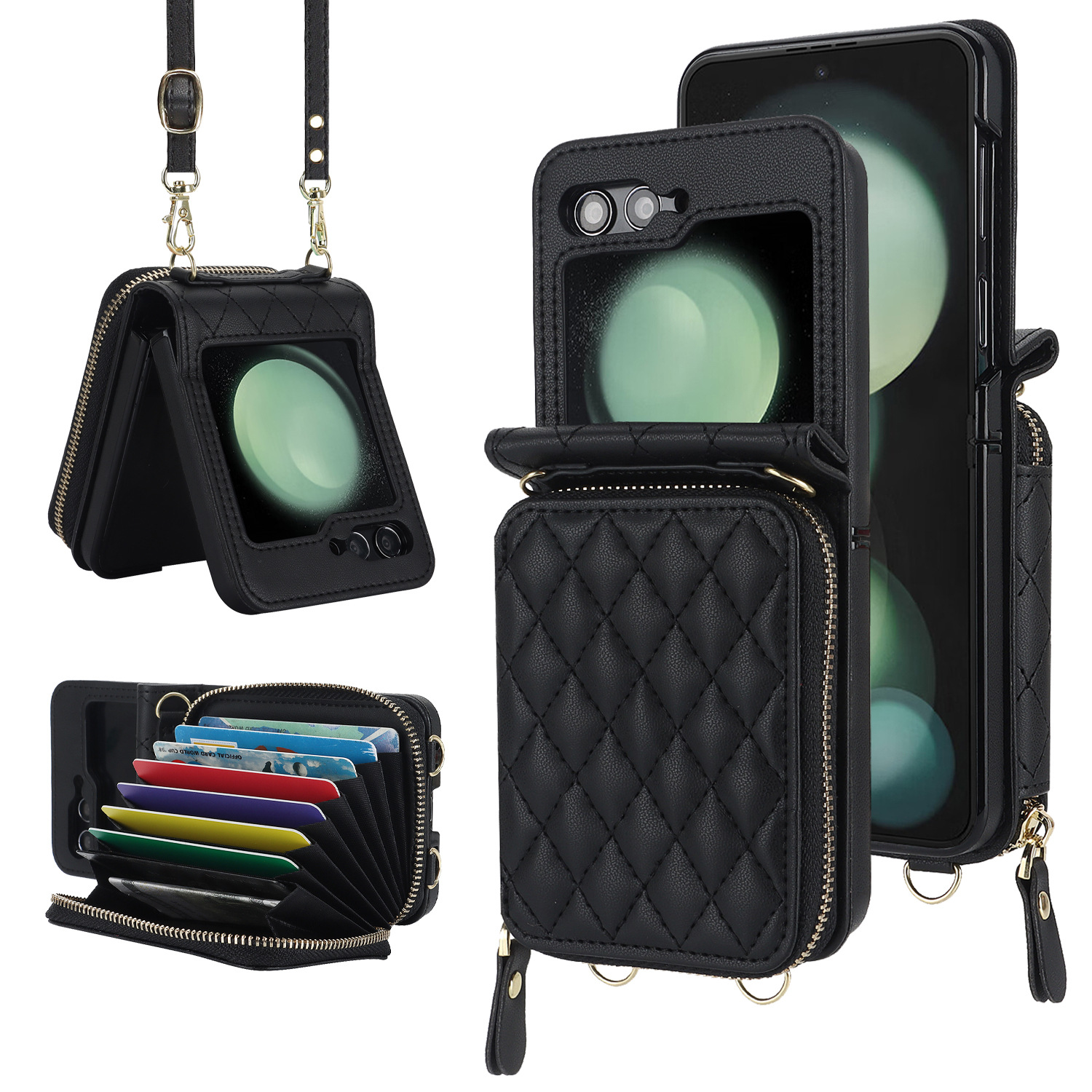 For Flip5 4 Folding Phone Case Fashion Card Samsung ZFlip6 Crossbody Phone Case Leather Case_voghion.com
