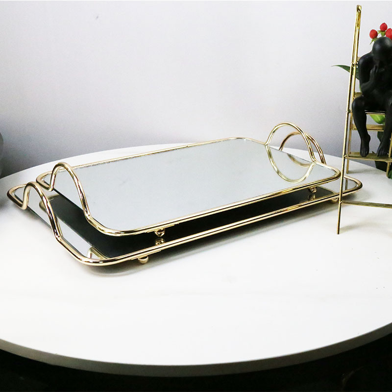 Factory direct rectangular metal glass mirror wrought iron cake tray living room simple plate decorative fruit plate