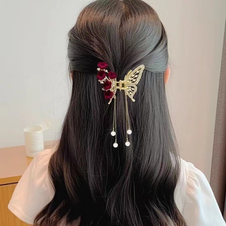 Metal butterfly hairpin women's high-grade temperament half-tie hair tassel pendant hair accessories 2023 new back head clip_voghion.com
