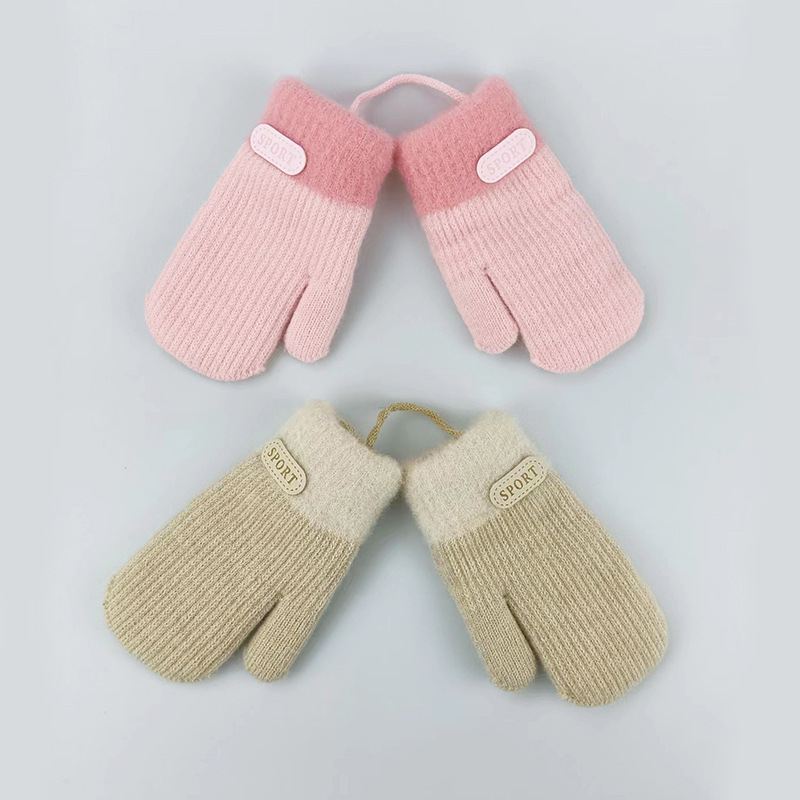 Autumn and Winter Children's Gloves Hanging Neck fleece-lined Thickened 4-7 Years Old Baby Outdoor Cold-proof Warm Knitted Gloves