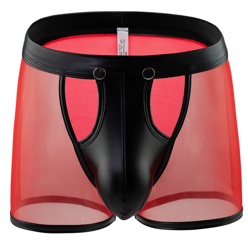 Button men's boxer underwear breathable low waist hollow patent leather mesh new European and American generation hair