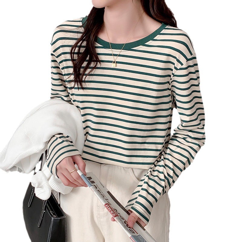Striped bottoming shirt Women's inner wear spring and autumn Western style round neck loose slimming versatile long sleeve T-shirt casual outerwear top