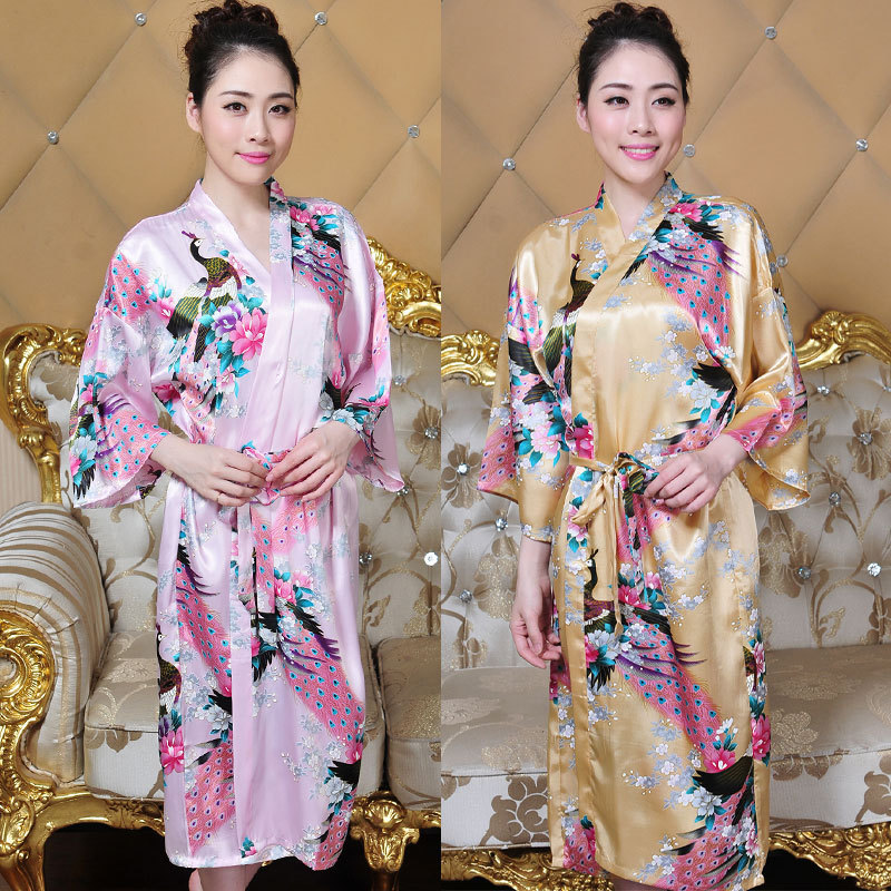Factory Direct Supply Imitation Silk Peacock Nightgown Bathrobe Long Printed Summer Sexy Loose Large Size Lace-up Japanese Kimono