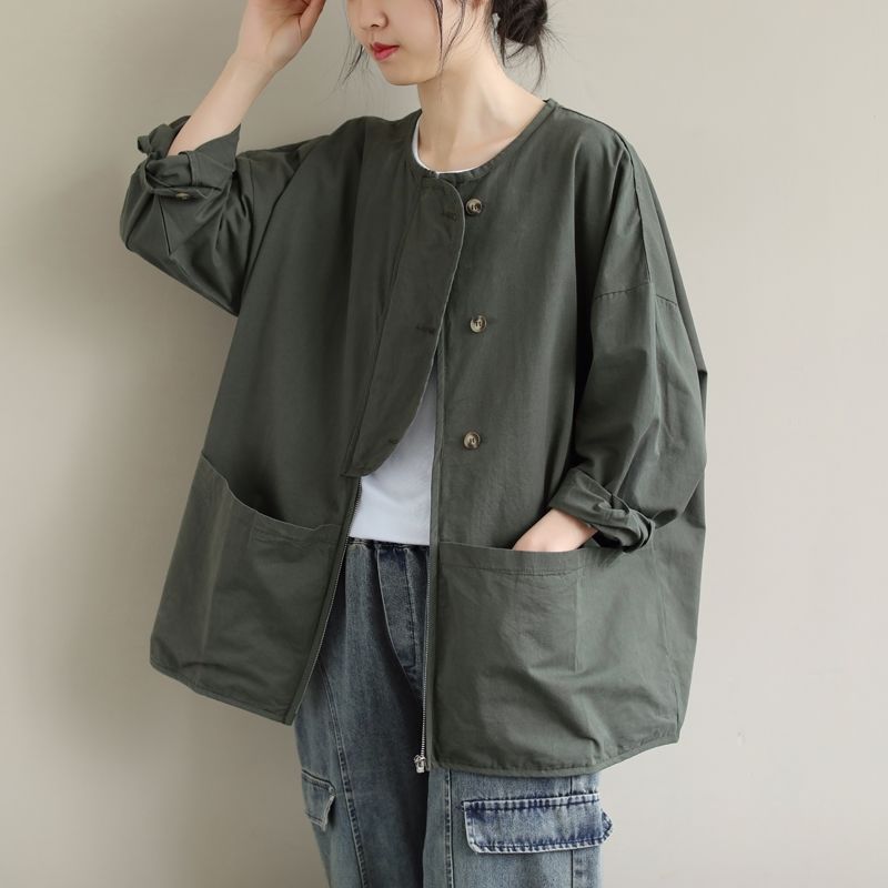 Large Size Artistic Crewneck Coat Women's Short Loose Casual Top Autumn Overalls Jacket Korean Style Large Pocket Coat