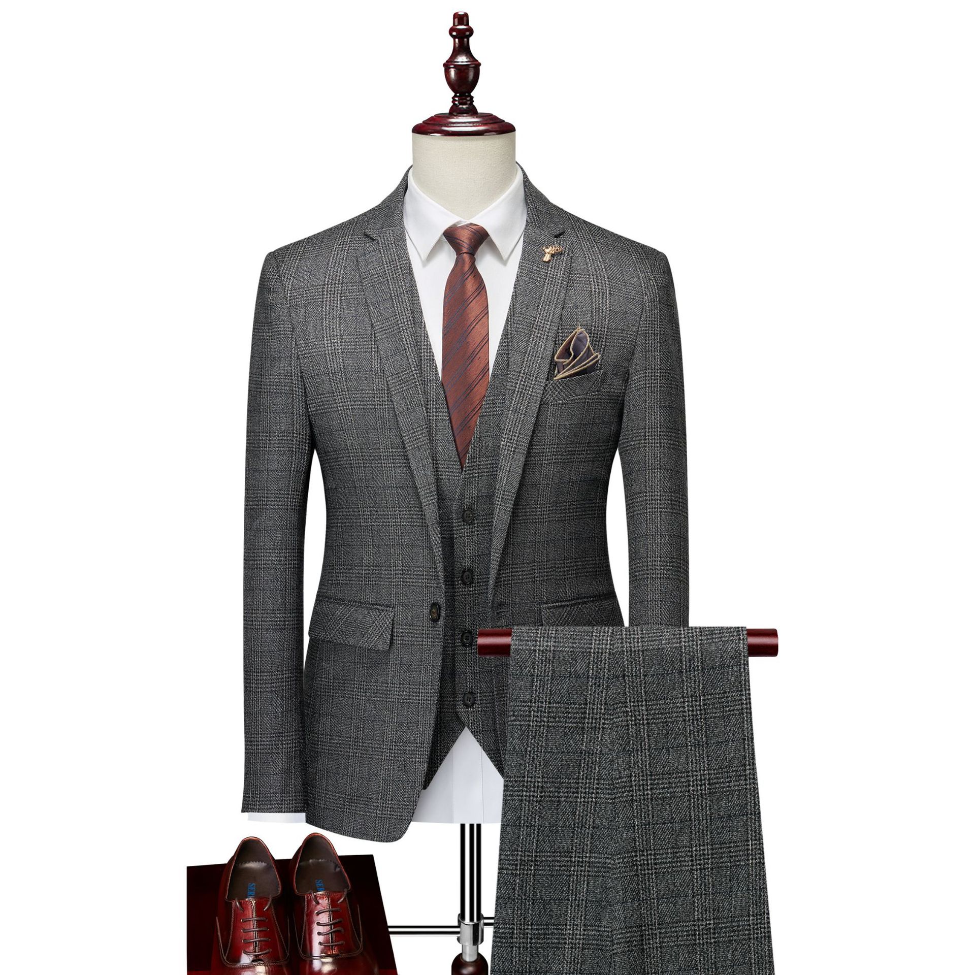 2024 Plaid Suit Men's Groom Wedding Suit Dress Korean Style Slim-fit Best Man Casual Three-piece Suit