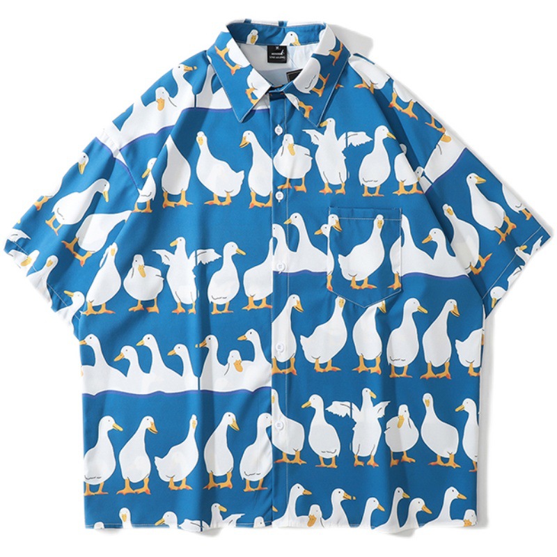 Summer Vintage Fun Duck Print Short-sleeved Shirt Men's and Women's Trendy Brand Loose bf Style Couple's Casual Shirt Jacket