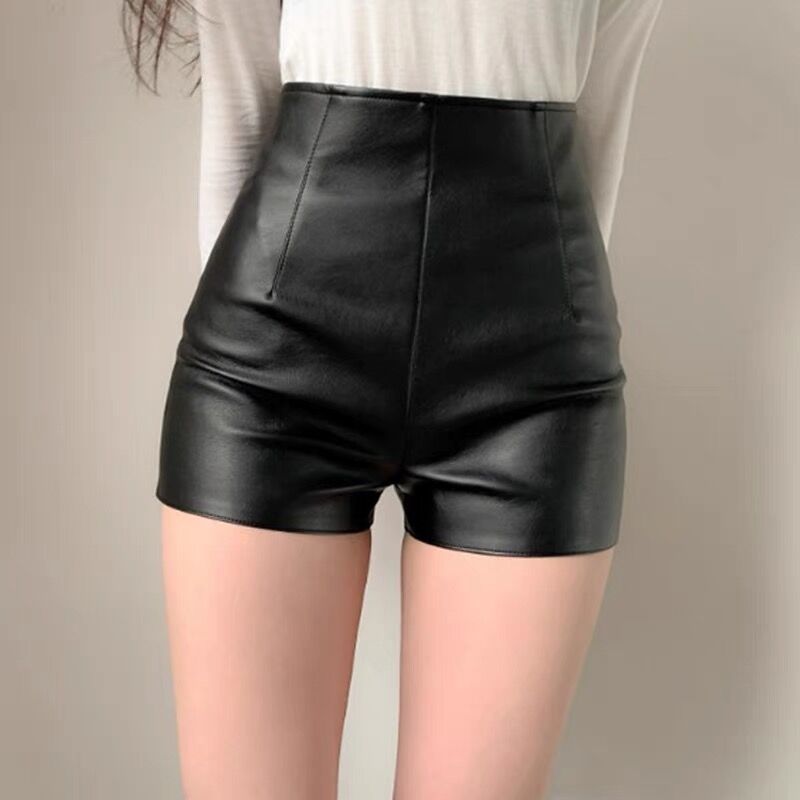 Black sheath leather shorts for women 2024 autumn and winter tight slimming stretch sexy dancing hot pants PU leather outer wear boots pants