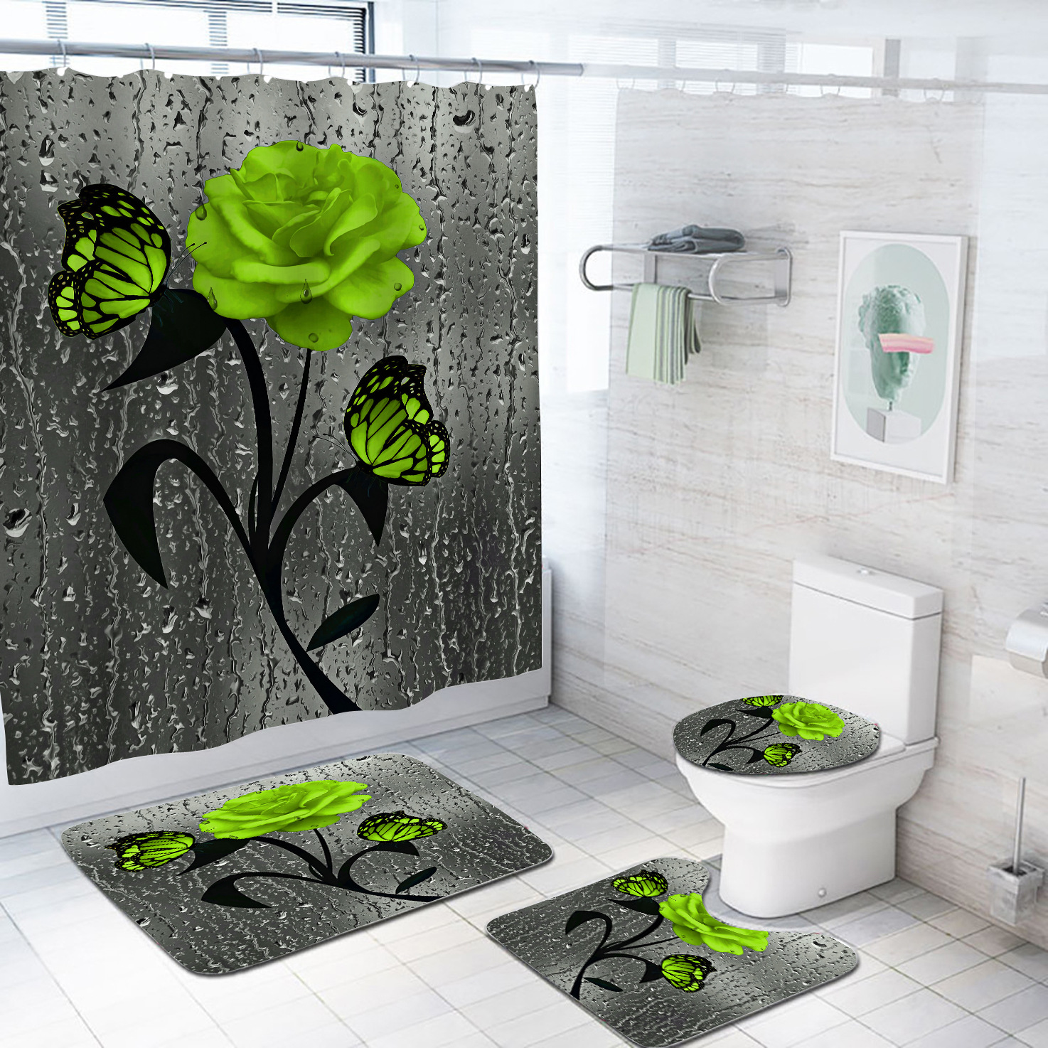 Cross-border e-commerce direct supply 3D digital printing waterproof bathroom shower curtain four-piece set to be customized