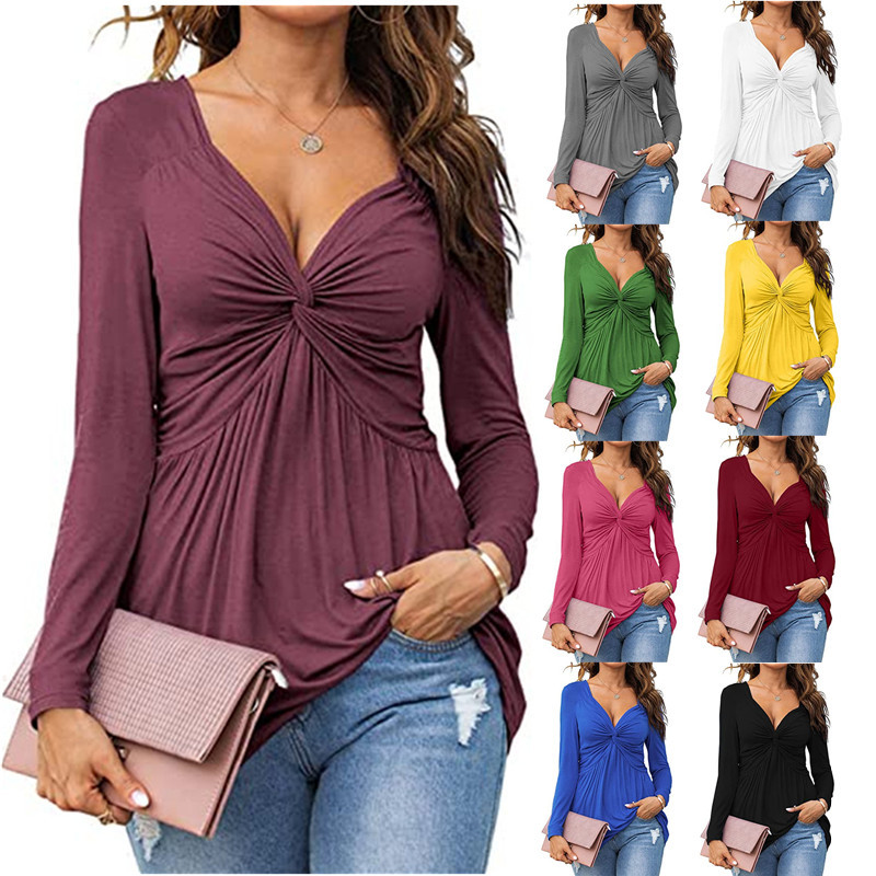 2023 European and American New Women's V-neck Front Knot Shirt Long Sleeve Elegant Casual T-shirt Solid Color Pullover Top