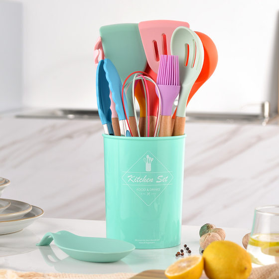 Wooden Handle Silicone Kitchenware 11-Piece Set Storage Barrel Ten-Color Silicone Kitchenware Cooking Spoon and Shovel 11-Piece Set