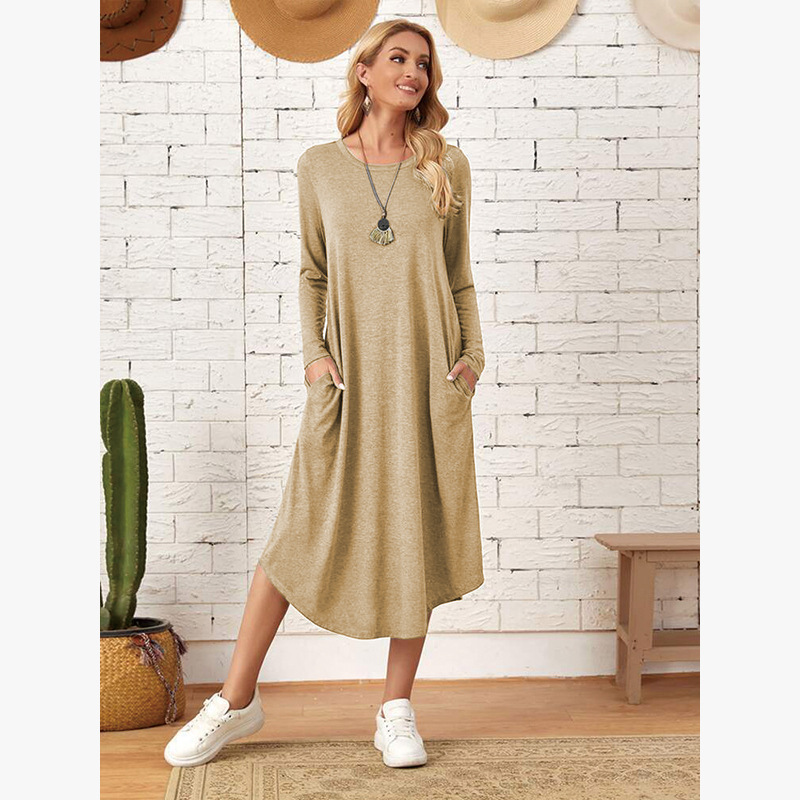 2022 autumn and winter New European and American women's solid color knitted side seam straight pocket curved hem loose dress