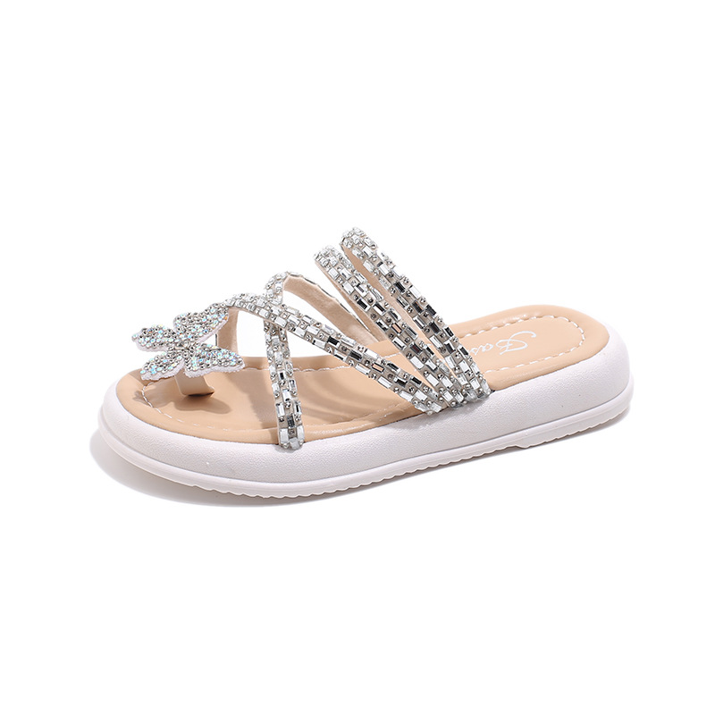 Rhinestone Bow Slippers Girls' 2024 Summer New Style Elegant Princess Style Girls' All-match Set Toe Sandals