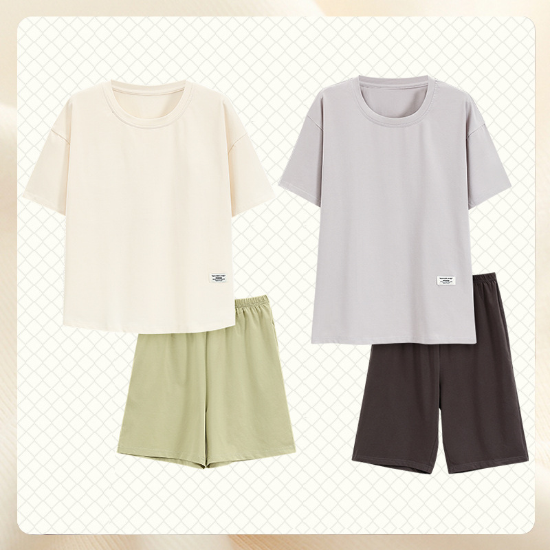 Pajamas Women's Summer Pure Cotton Thin Solid Color Short Sleeve Summer Men's Home Clothes Outwear Couple Pajamas Spring and Autumn
