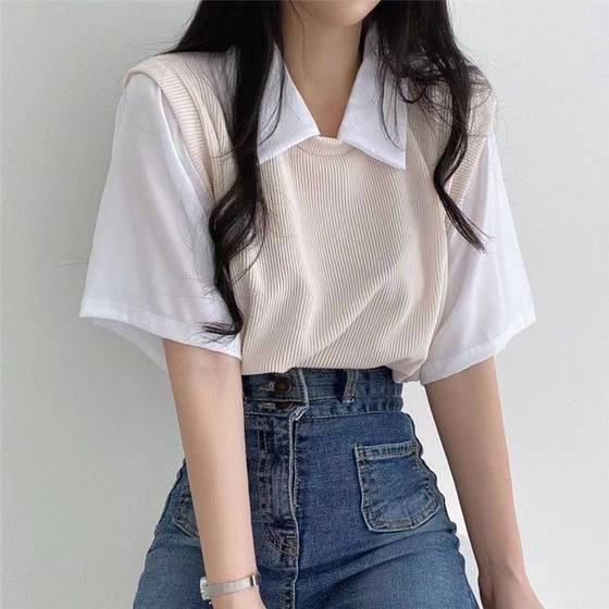 2023 Summer polo lapel fake two-piece college style contrast color short sleeve t-shirt women's loose casual all-match top ins