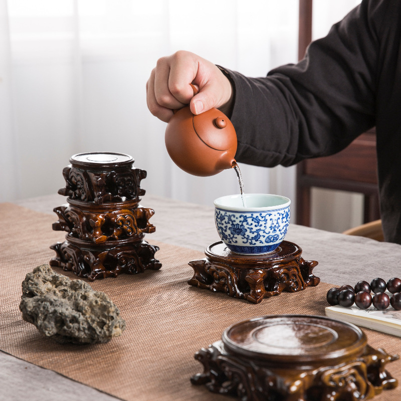 Solid wood root carving purple sand pot Cup square round base rare stone can be dug whole wood wooden base vase Zen height increasing small wooden tray
