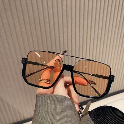 Plain Double Beam Large Frame Anti-Blue Light Retro Glasses ins Lower Half Frame Square Sunglasses Women's Online Celebrity Street Photoshoot Sunglasses