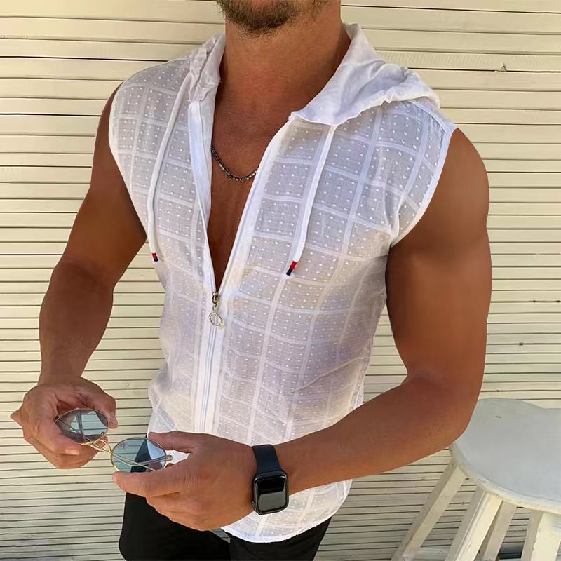 Short-sleeved Hooded Zipper Cardigan T-shirt Men's 2023 Summer New Fashion Plaid Sleeveless T-shirt Men's Lapel Top