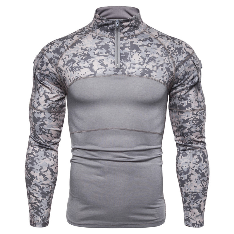 2024 Amazon Men's Military Battlefield Outdoor Elastic Fitness Camouflage Long Sleeve T-Shirt Men's Zipper Pocket Men's Clothing
