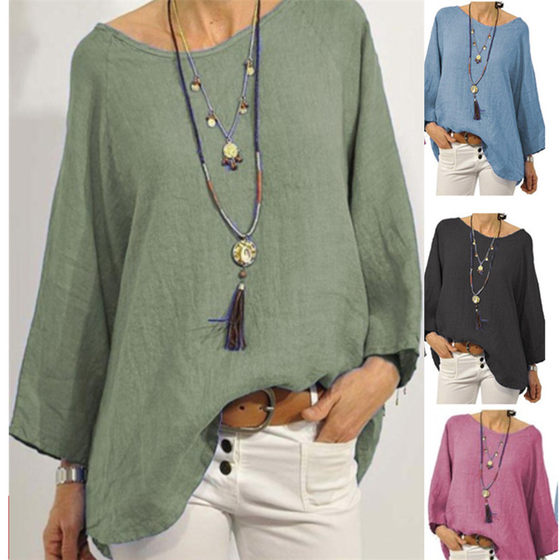 Spot 2023 Cross-border European and American Foreign Trade Women's Top Solid Color Cotton and Linen Round Neck Raglan Sleeve Nine-sleeve Blouse