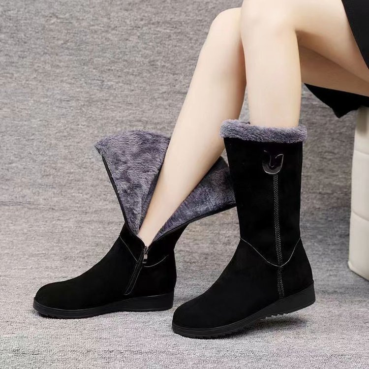 Winter versatile snow boots women's shoes fleece-lined thickened mid-calf Martin boots wedge non-slip warm side zipper cotton boots