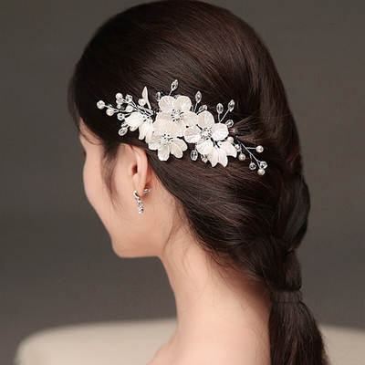 European and American Cross-border New Korean Bride Wedding Headwear White Shell Petal Handmade Pearl Crystal Hairpin