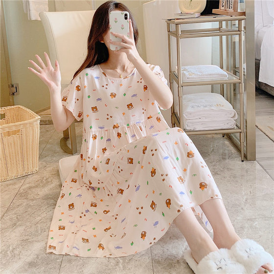 Cotton Silk Nightgown Women's Summer Plus Size Foreign Trade Printed Pajamas Thin High-end Loose Cotton Outer Wearing Skirt