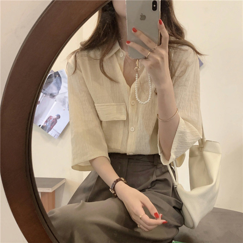 Vintage Cropped Sleeve Shirt Women's 2023 Summer New Style Design Pleated Top Lazy Style Loose Shirt