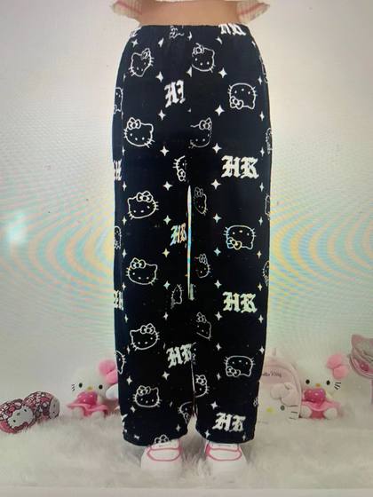 Foreign trade Halloween cartoon KT cat flannel pajama pants women's autumn and winter fleece-lined warm casual home graffiti pants