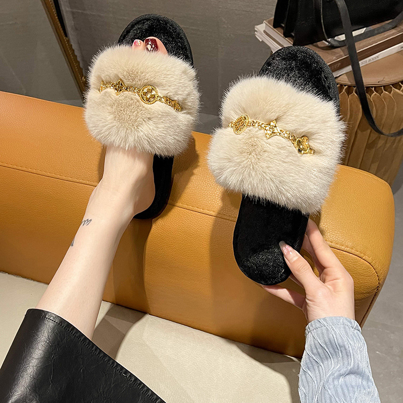 New Metal Chain Mao Mao Slippers Women's Fashion Flat Heel Slippers Home Big Fur Slippers Autumn and Winter Cross-Border