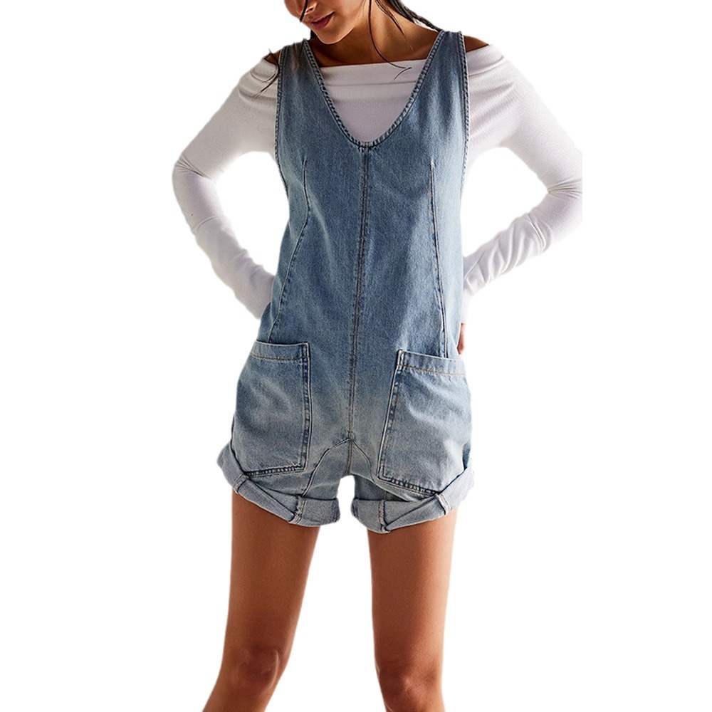 Cross-border 2024 Summer quick buy European and American new pocket strap adjustable strap wash Denim one-piece shorts