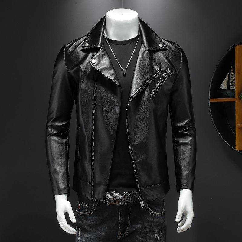 Leather Men's Fashionable Korean Style Handsome Imitation Jacket Vertical Collar Slant Zipper Slim-fit Riding Clothes Motorcycle Jacket Spring and Autumn